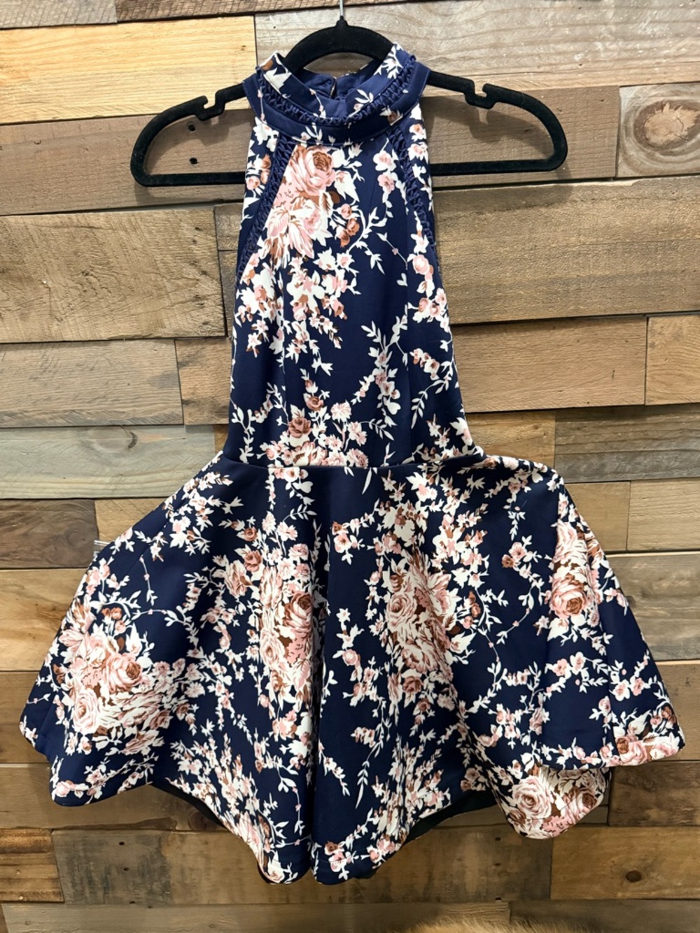 B Darlin Navy & Blush Floral Halter Midi Dress